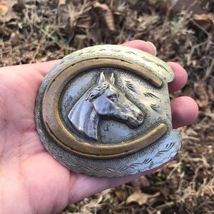 Vintage belt buckle western horse and horseshoe design